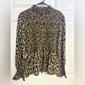 Smocked High-Neck Long Sleeve Blouse in Black and Beige